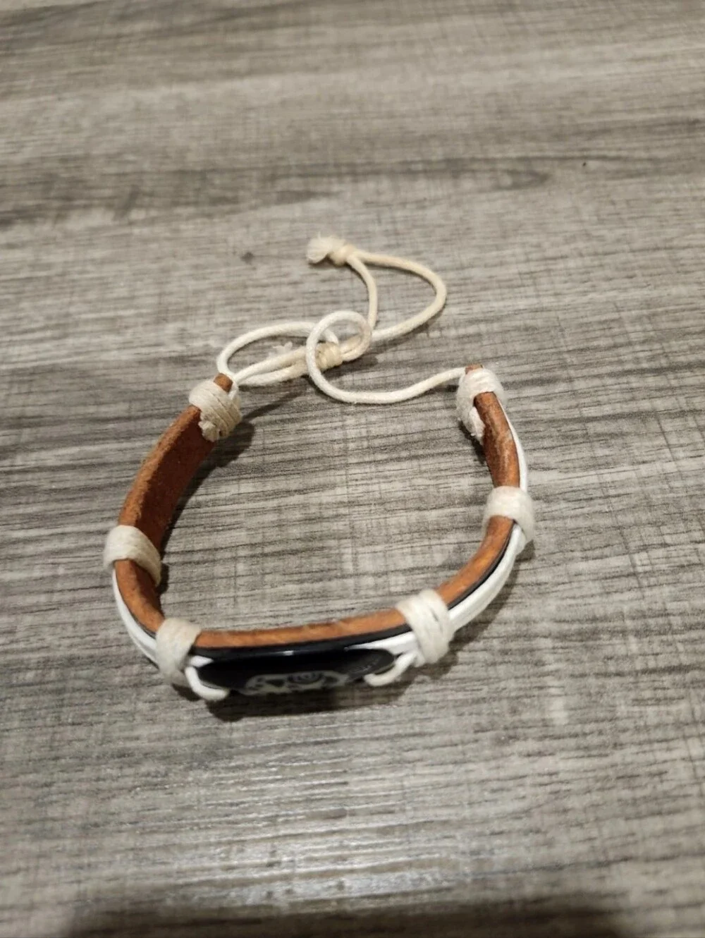 Brown And White Leather Bracelet W Black Elephant Bead And Adjustable Slide Bolo